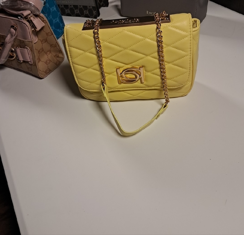 bebe Yellow Quilted Crossbody with Gold Chain